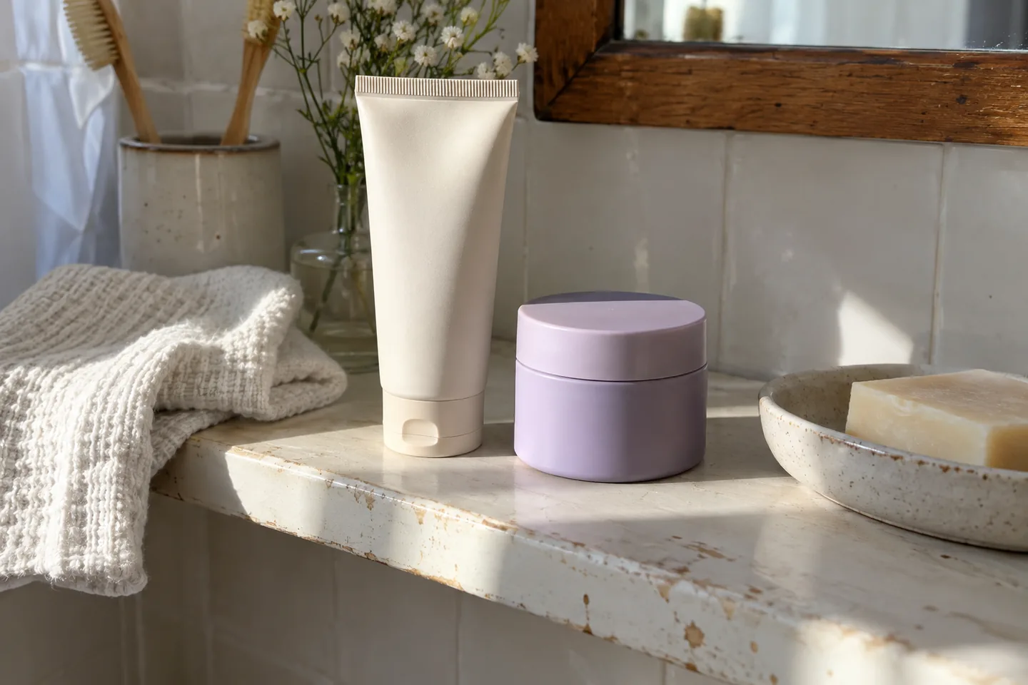 Un tube nettoyant et un petit pot de crème fermés illustrent les usages rincé et non rincé.