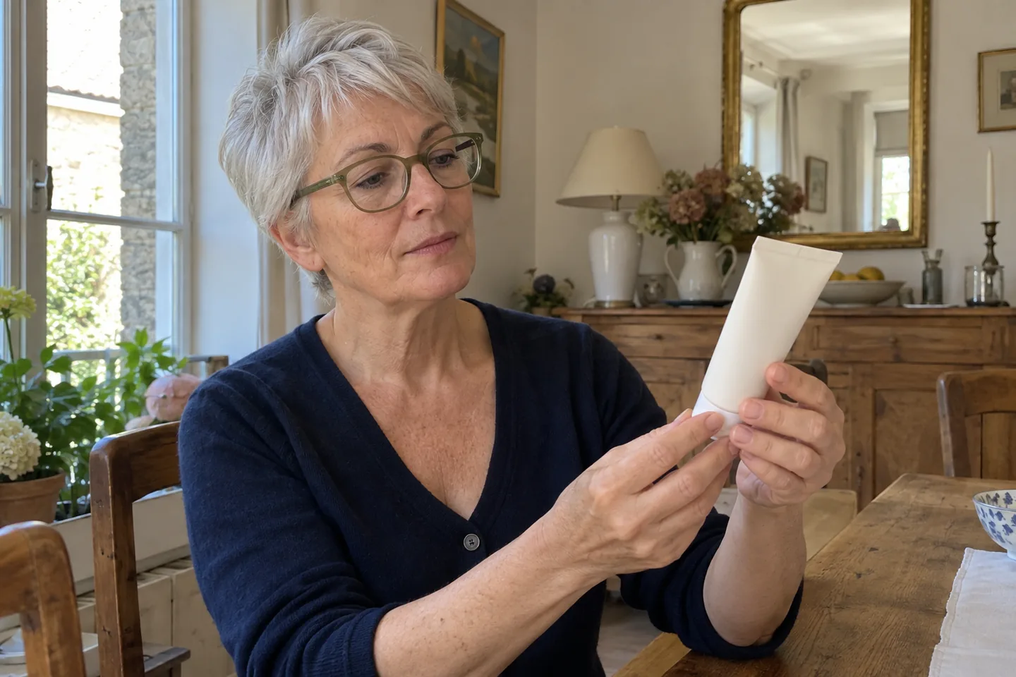 Une femme portant des lunettes examine un tube fermé à la lumière du jour.
