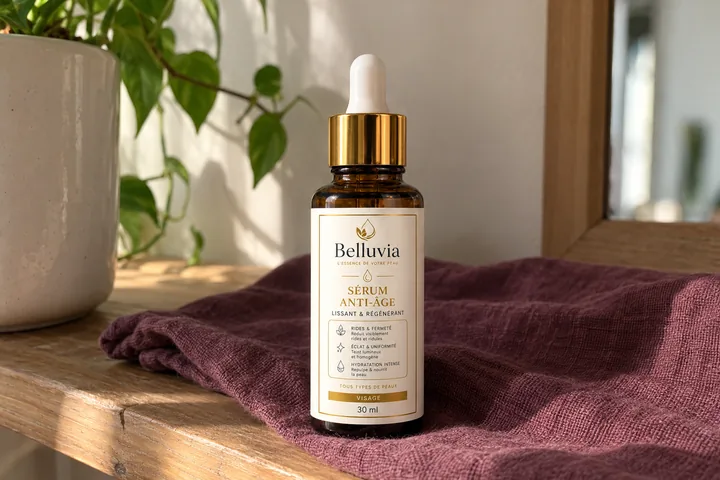 Le flacon du sérum Belluvia est présenté fermé, comme exemple de fiche produit à consulter.