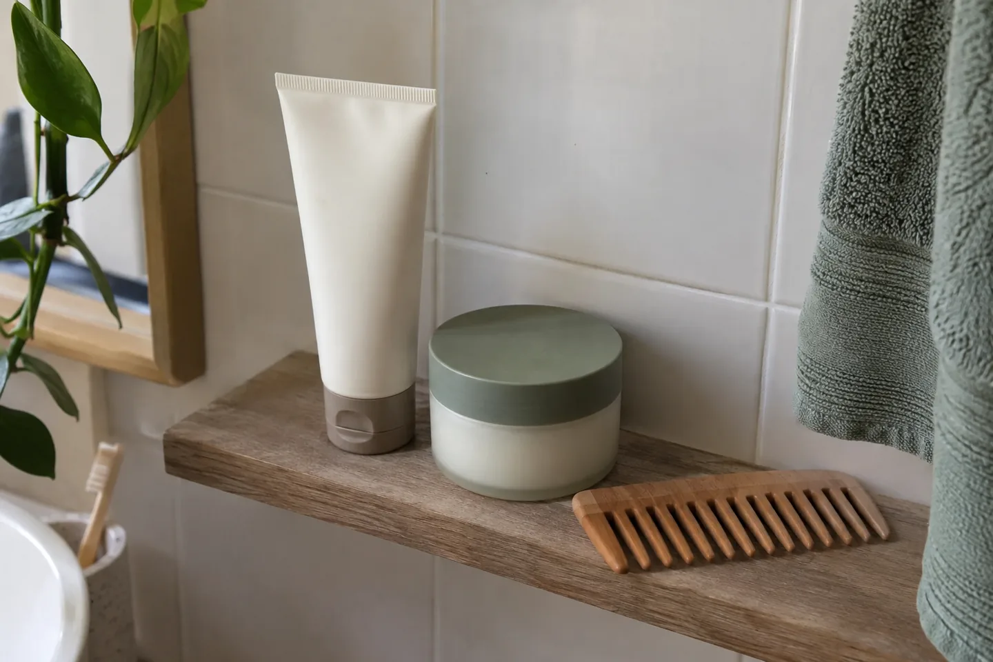Tube clair, pot à couvercle vert et peigne en bois posés sur une étagère.