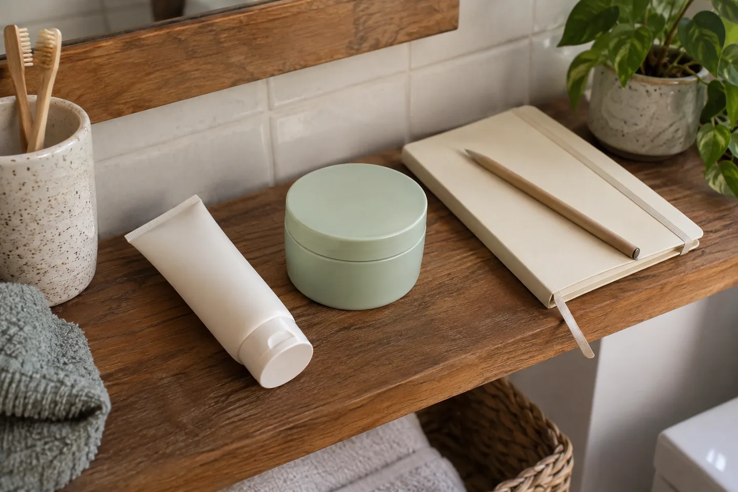 Tube clair, pot vert et carnet fermé avec un crayon sur une étagère.
