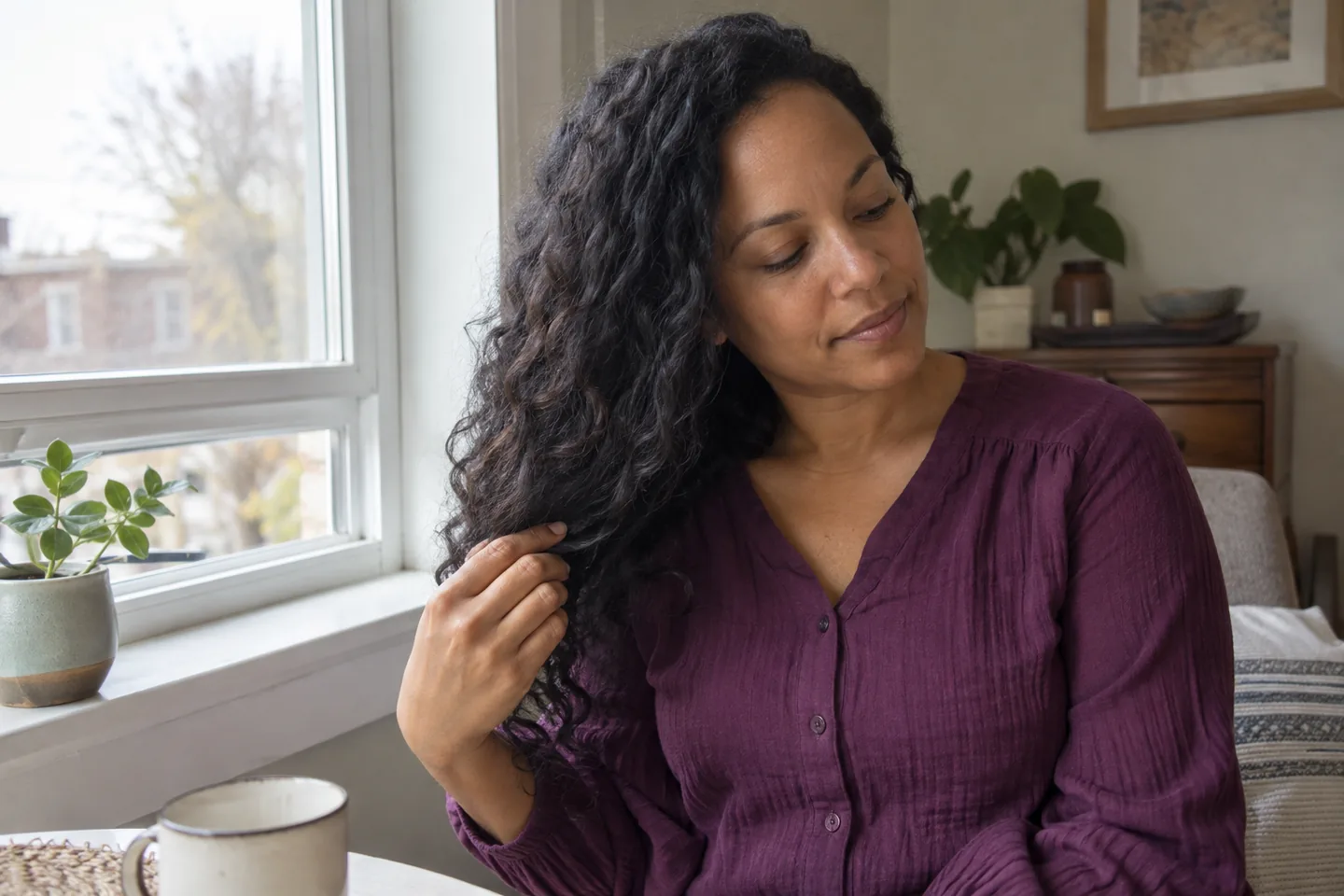Femme aux cheveux foncés texturés tenant une mèche près d’une fenêtre.