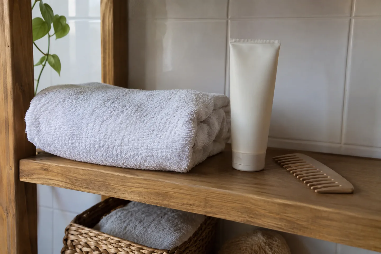 Serviette pliée, tube clair fermé et peigne en bois sur une étagère.