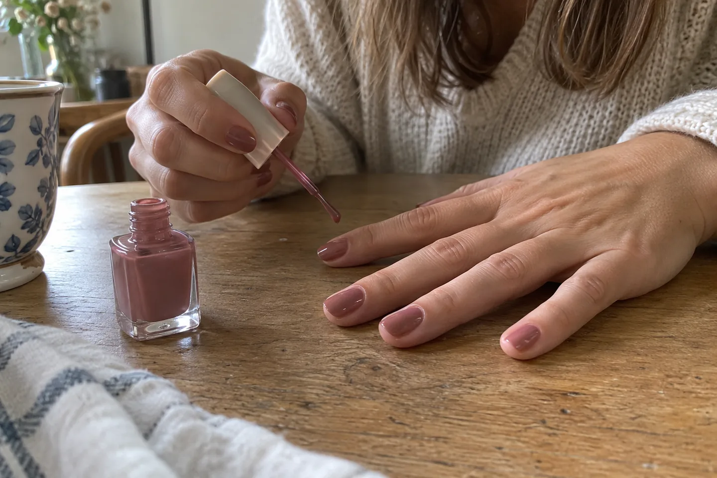 Une fine application de vernis sur un ongle naturel.
