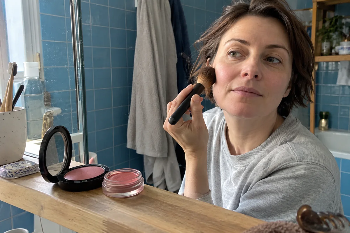 Un blush crème et un blush poudre devant une femme au miroir