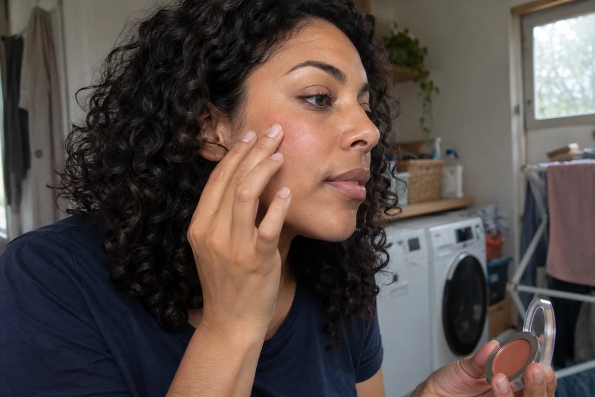 Une femme diffuse la couleur du blush sur sa joue