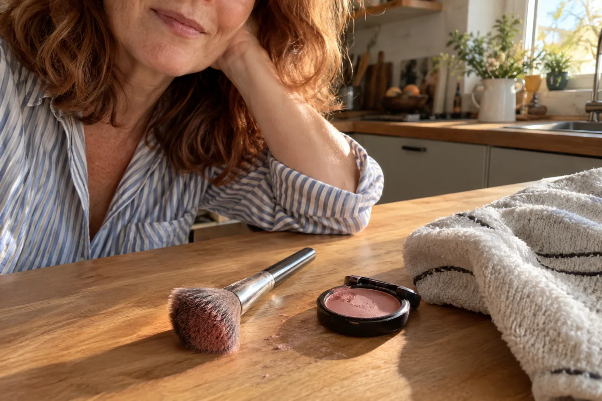 Un pinceau et un boîtier de blush sur une table