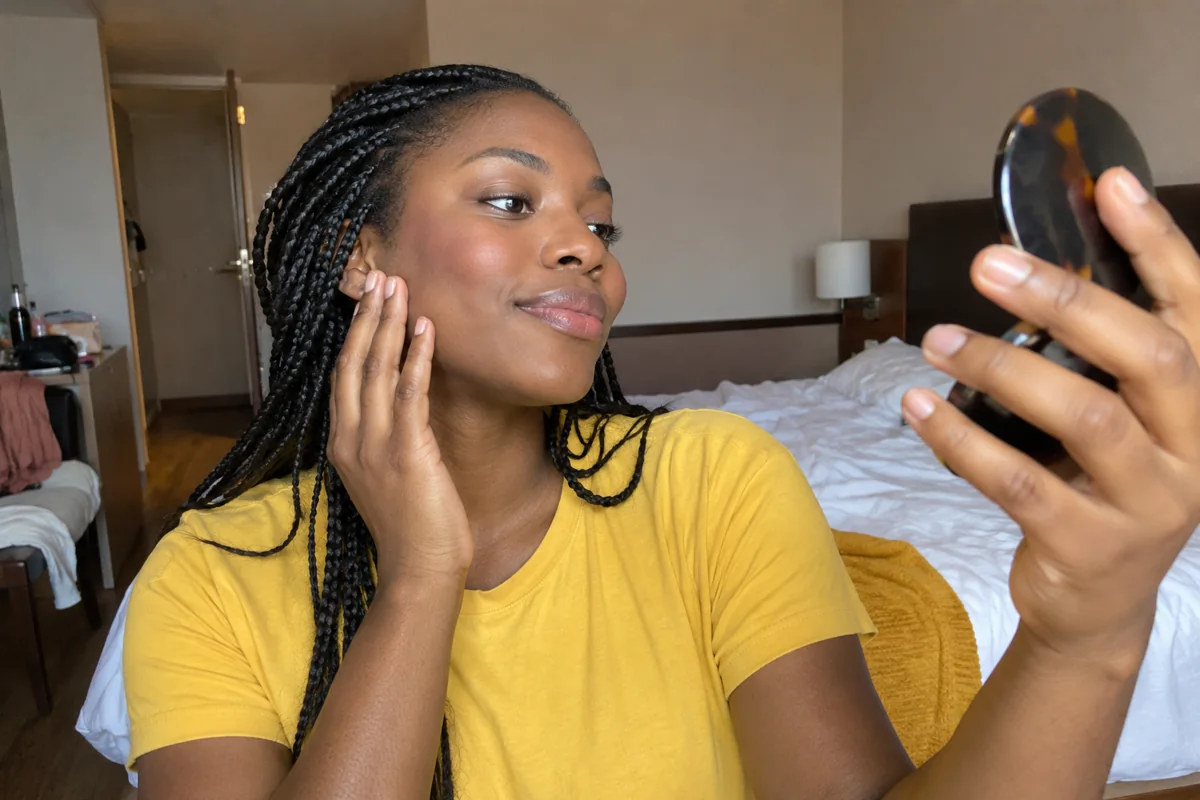 Une femme vérifie son blush dans un miroir à main
