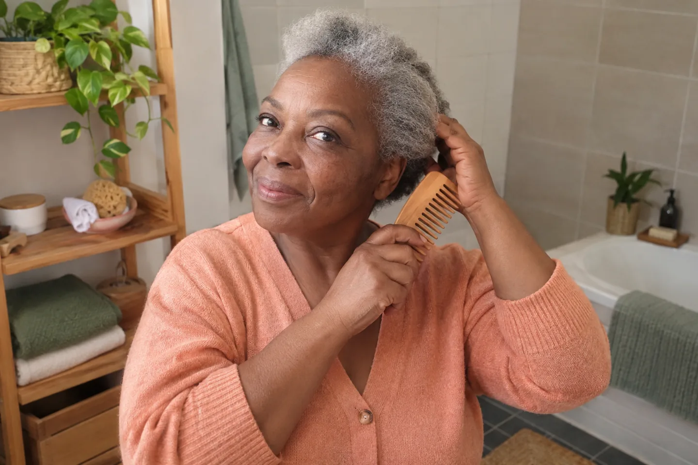 Une femme aux cheveux gris tient un peigne à dents larges.