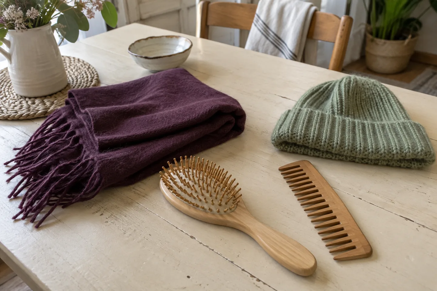 Brosse, peigne, écharpe et bonnet sont réunis sur une table.