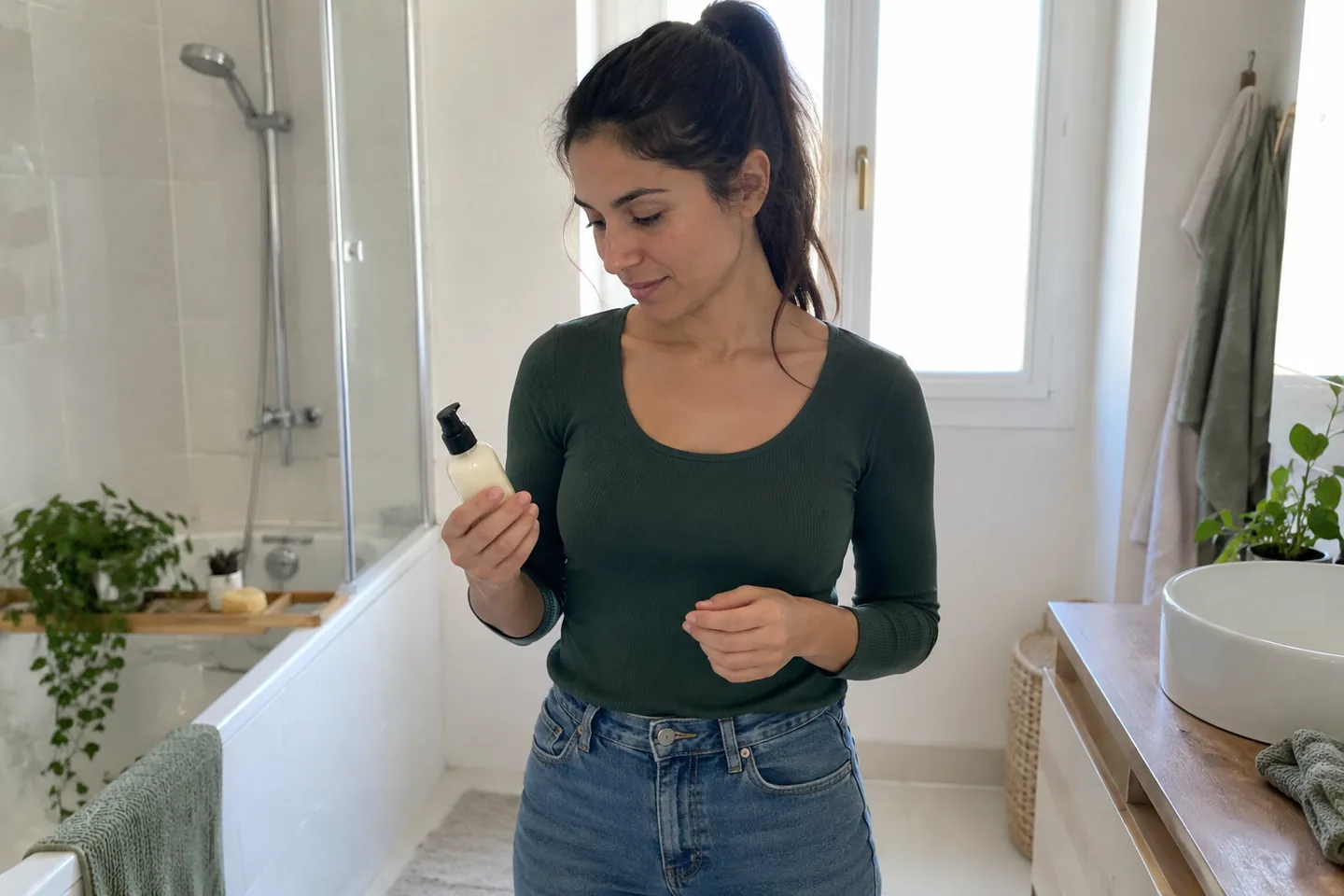 Une femme regarde un petit flacon de soin dans sa salle de bain.