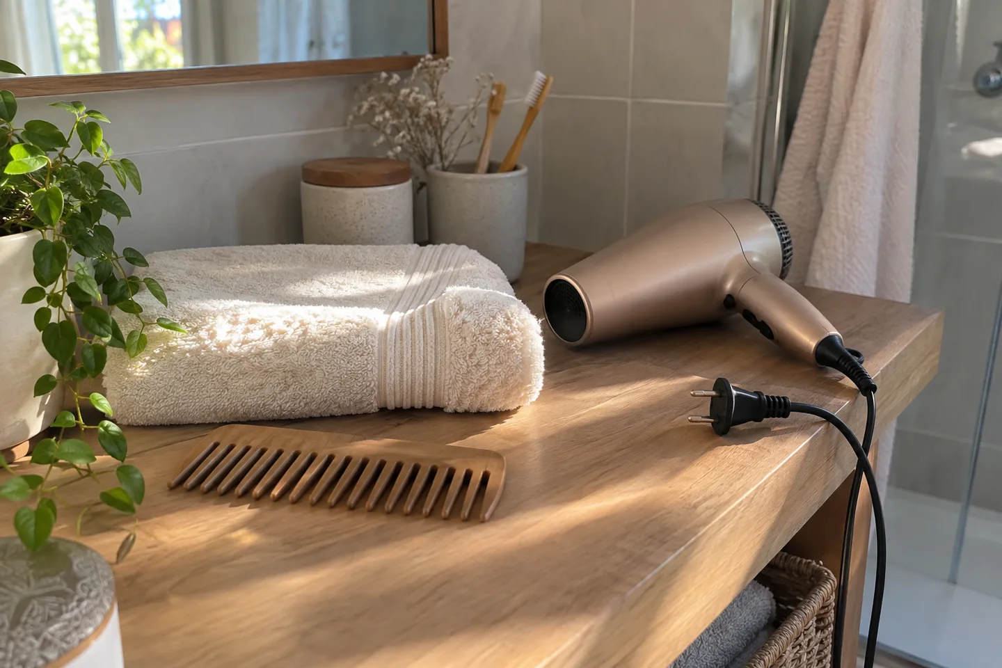 Un sèche-cheveux débranché repose avec une serviette et un peigne.