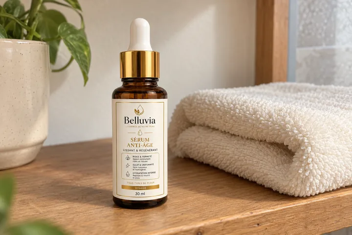 Le flacon de sérum Belluvia pour le visage et le cou, près d’une serviette claire.