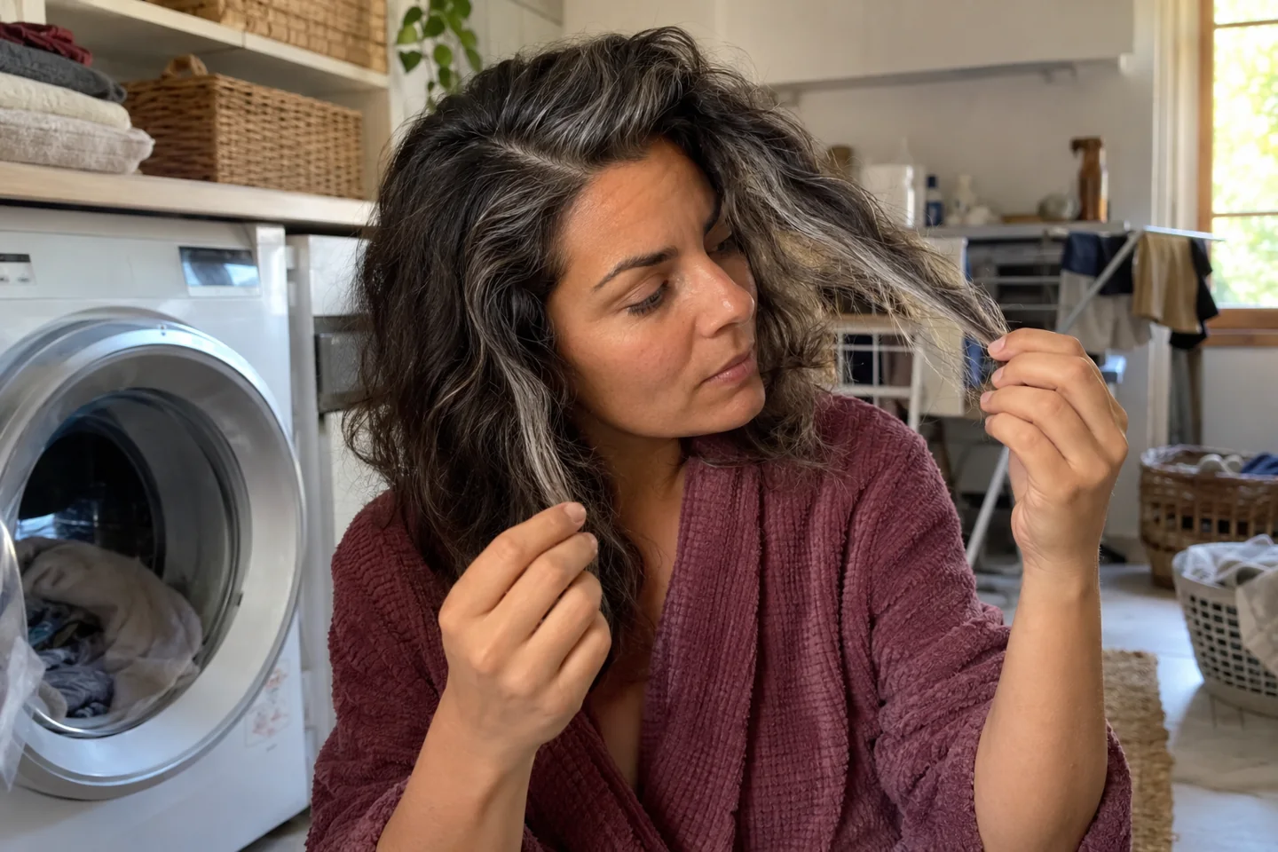 Une femme observe ses mèches grises en lumière naturelle