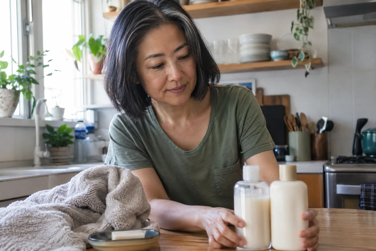 Shampoing et soin préparés près d’une serviette