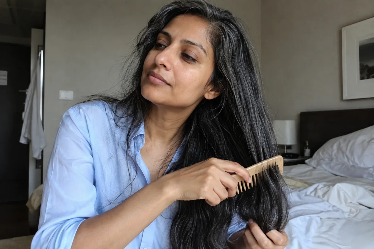 Une femme démêle doucement ses longueurs avec un peigne