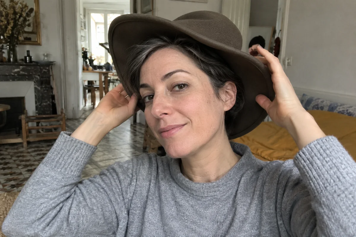 Une femme ajuste un chapeau sur ses cheveux gris