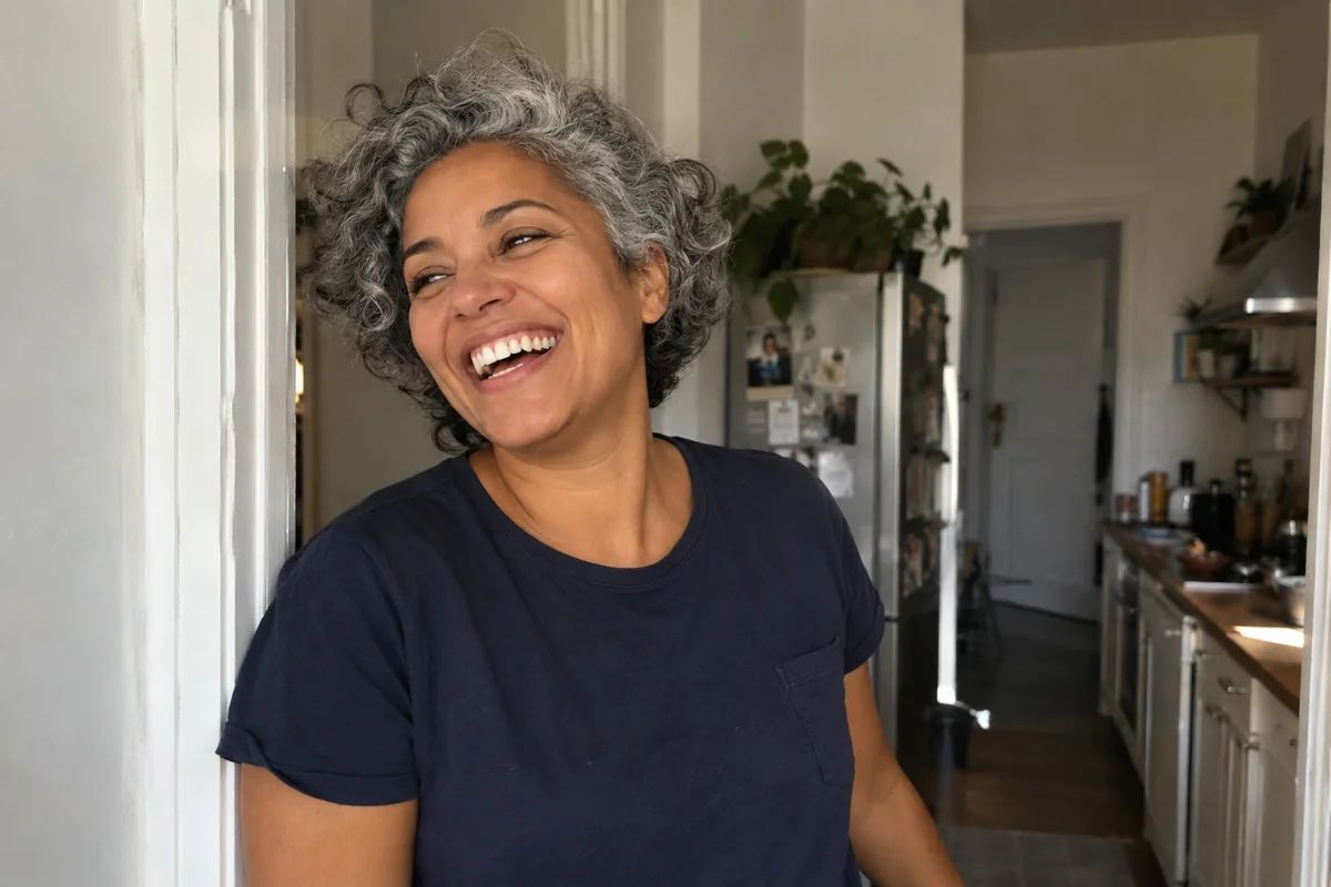 Une femme aux cheveux gris courts dans une lumière quotidienne