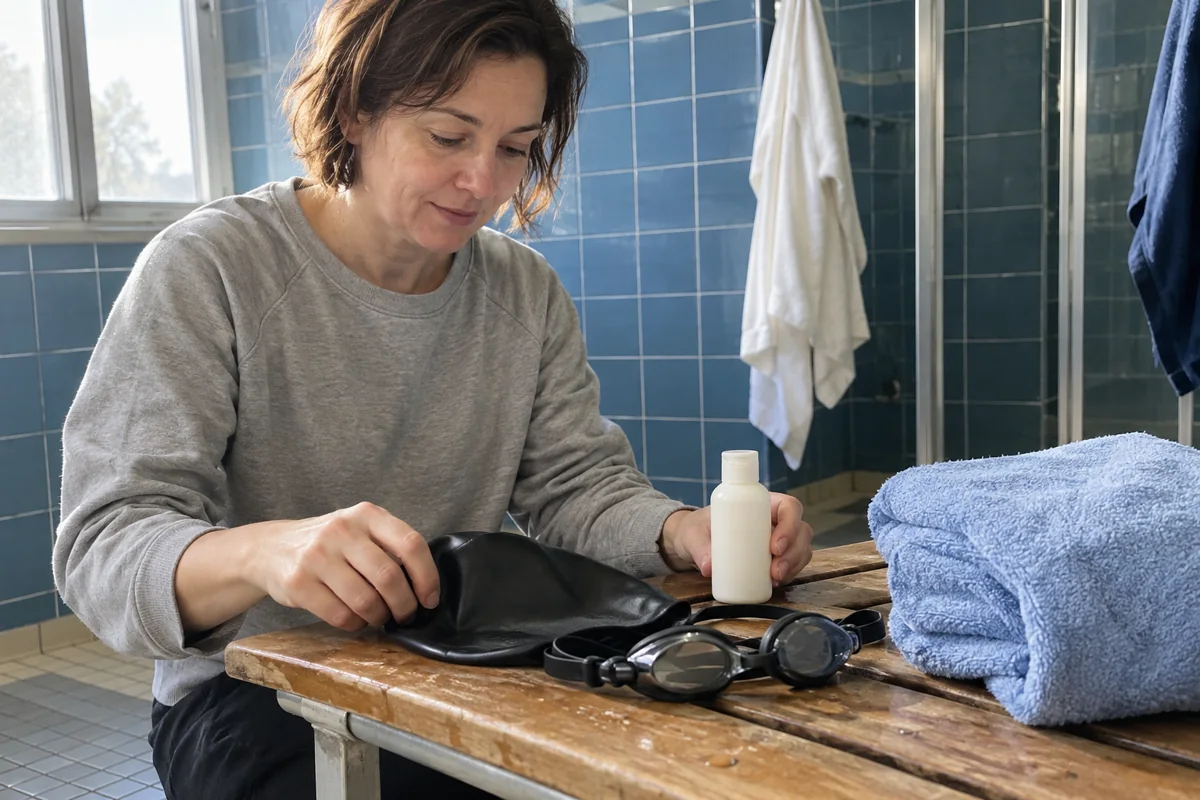 Bonnet, lunettes et soin réunis avant la séance