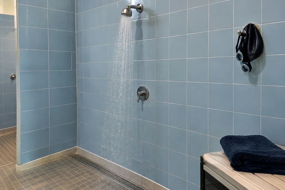 Une douche de piscine prête pour le rinçage des cheveux