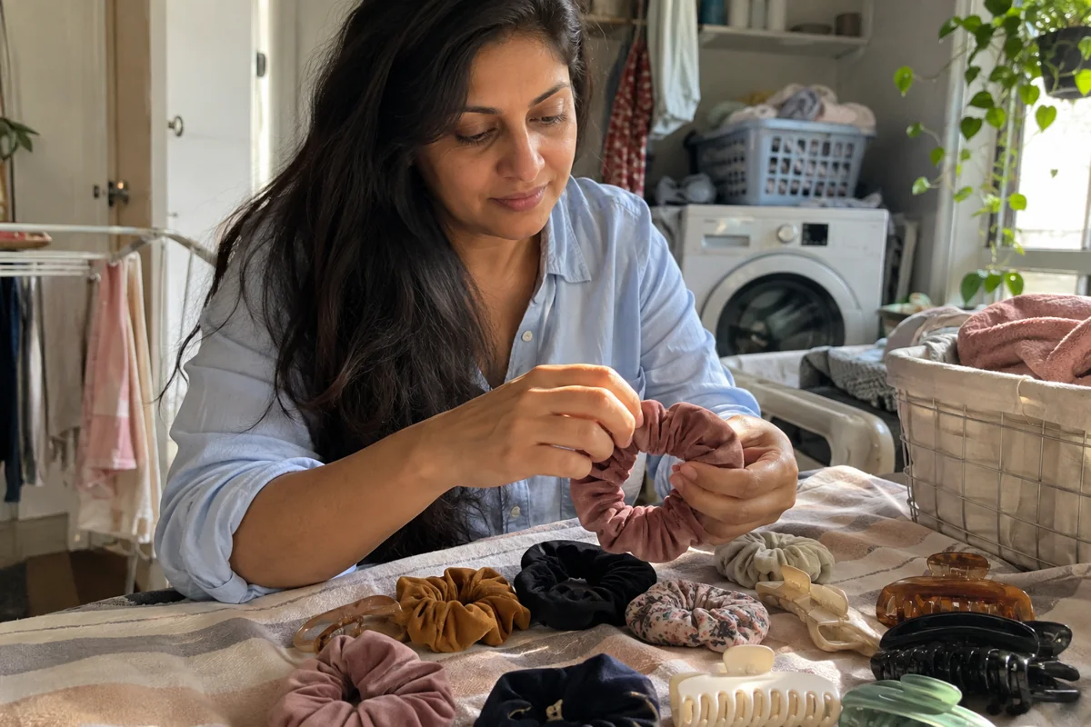 Des chouchous souples et des pinces préparés sur une table