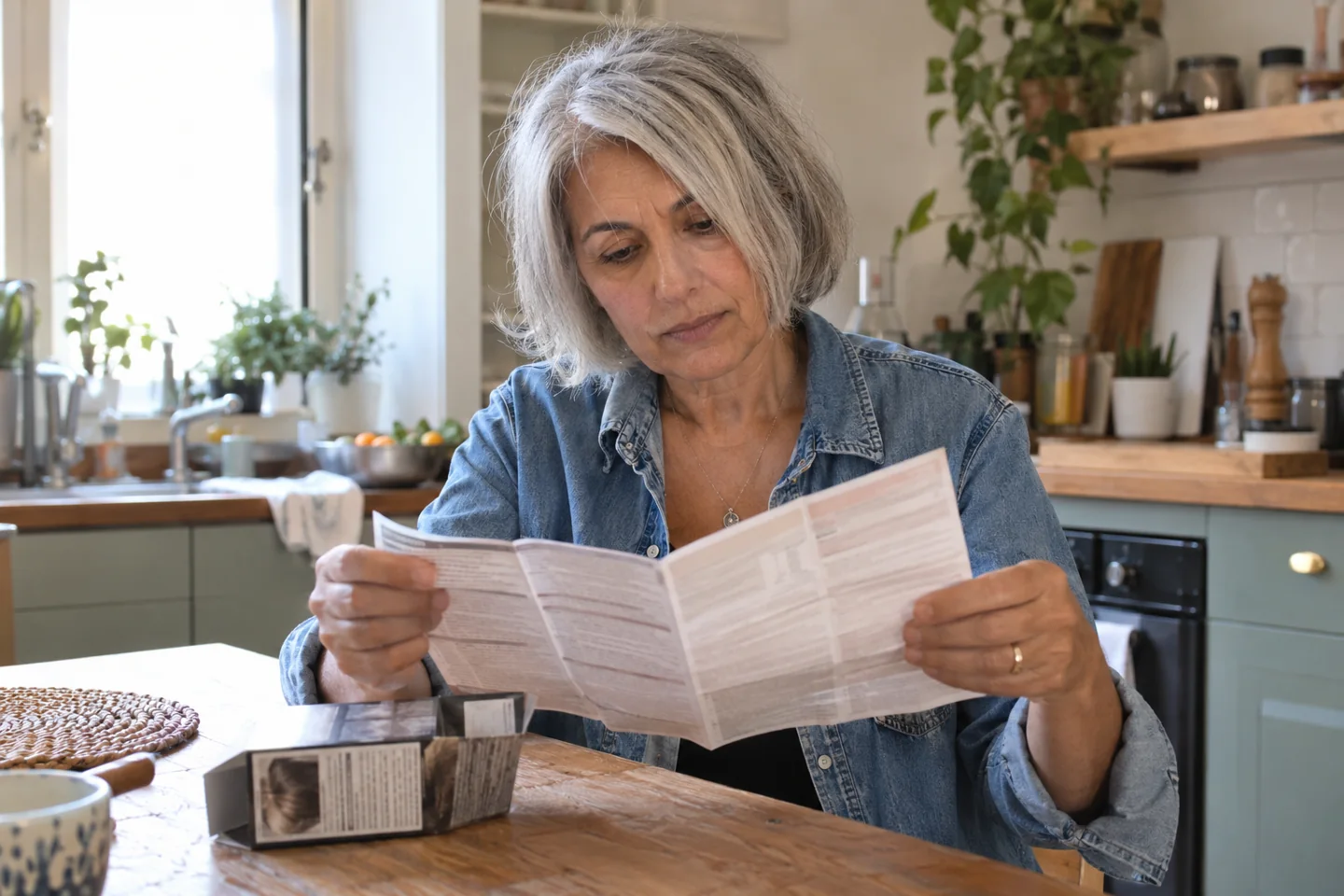 Une femme lit la notice d’une coloration avant de commencer