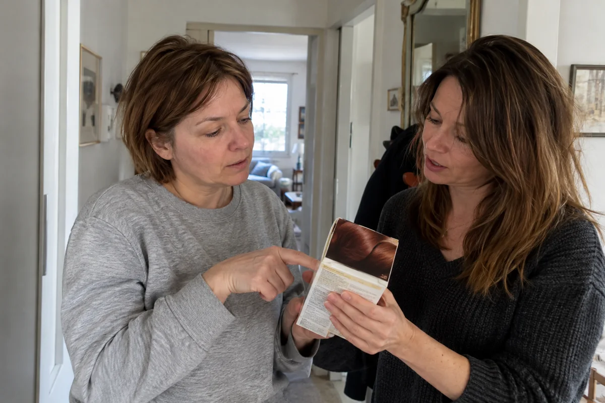 Deux femmes échangent sur la notice d’une coloration