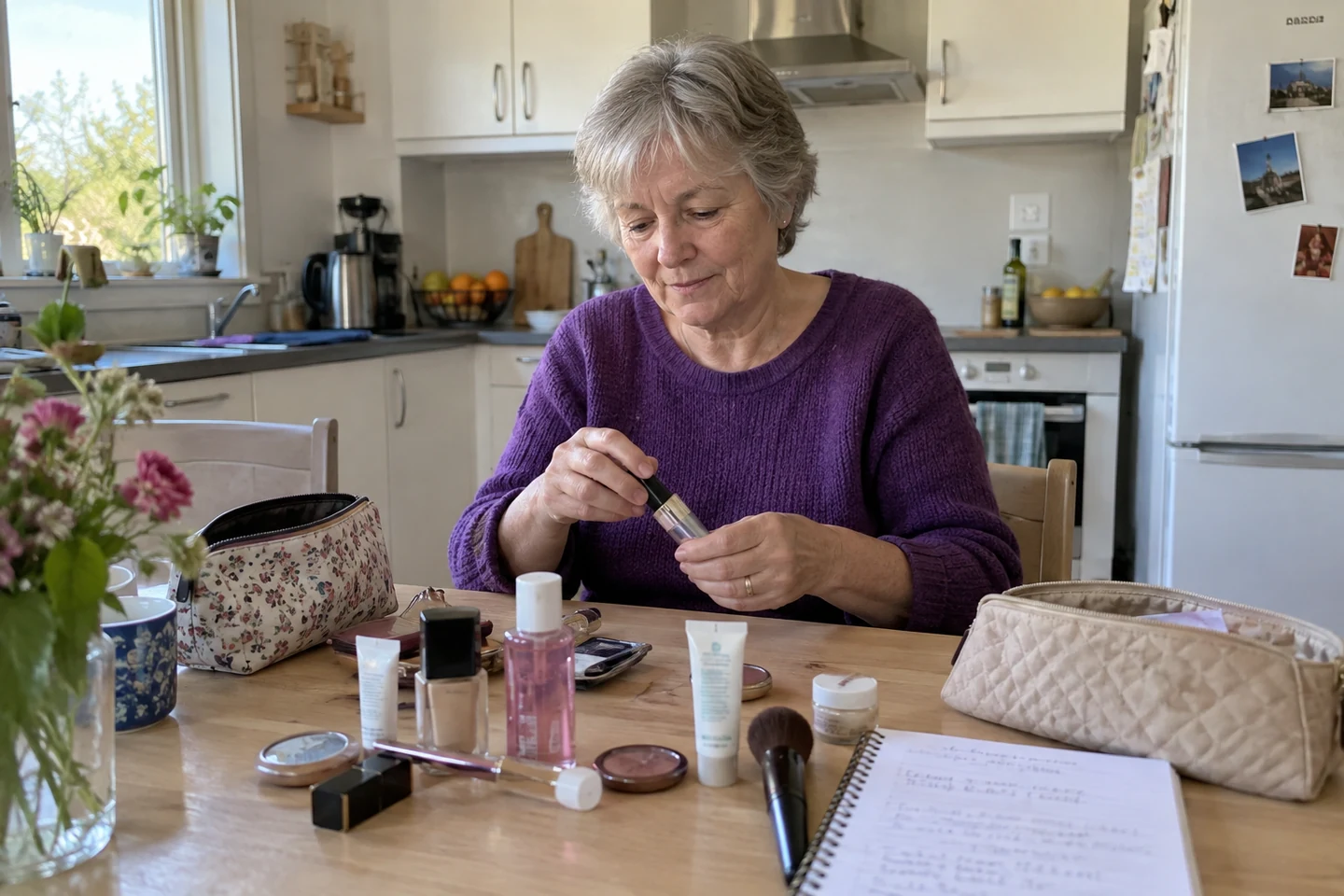 Une femme trie ses cosmétiques avec un carnet sur une table