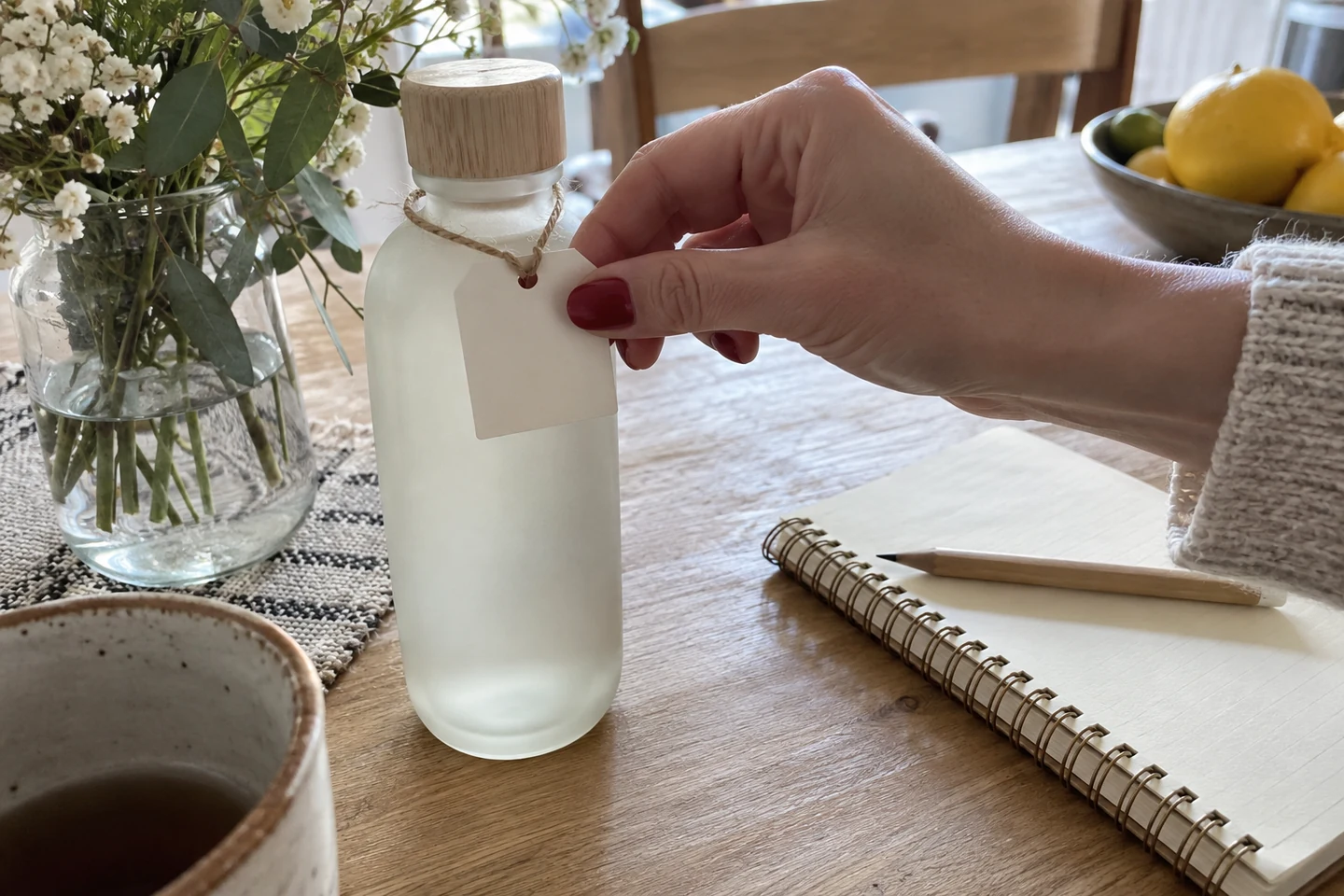 Une main pose une étiquette sur un flacon de cosmétique