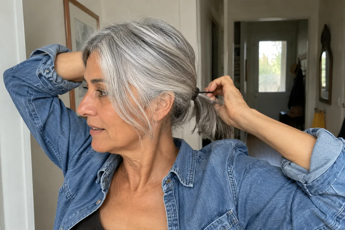 Une femme vérifie la longueur nécessaire pour attacher ses cheveux