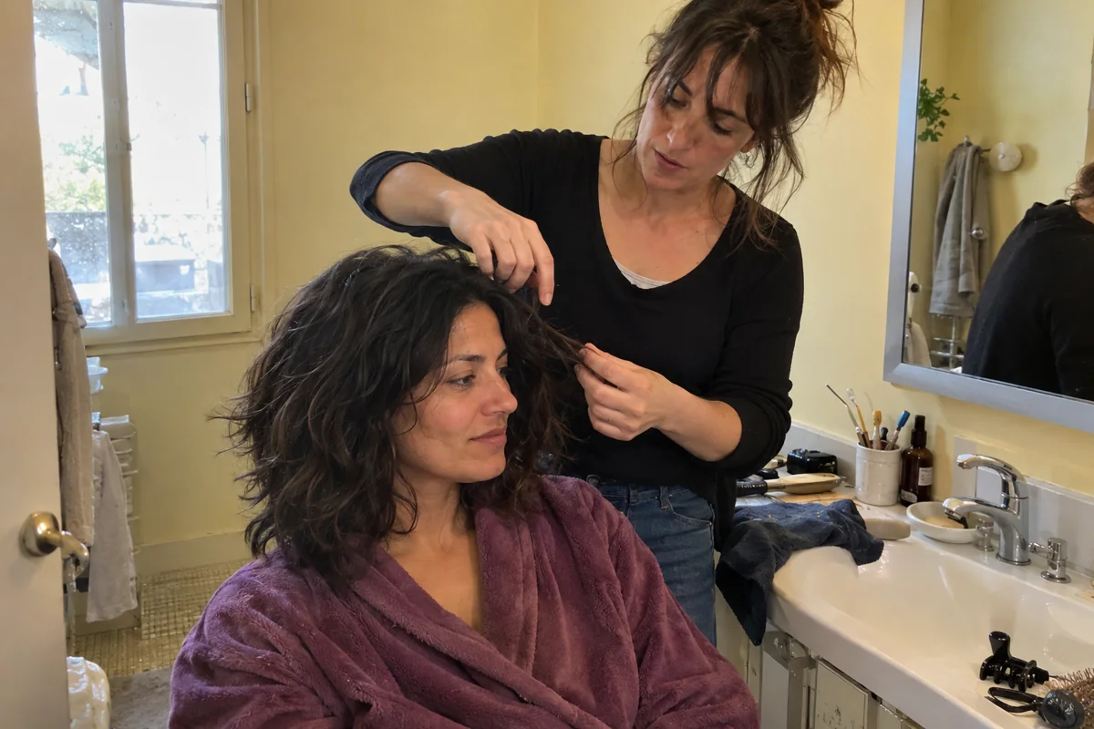 Une coiffeuse examine une mèche pendant la discussion