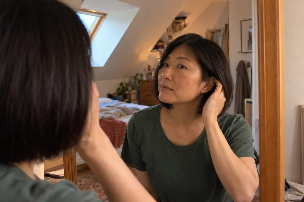 Une femme observe le mouvement de sa coupe dans un miroir