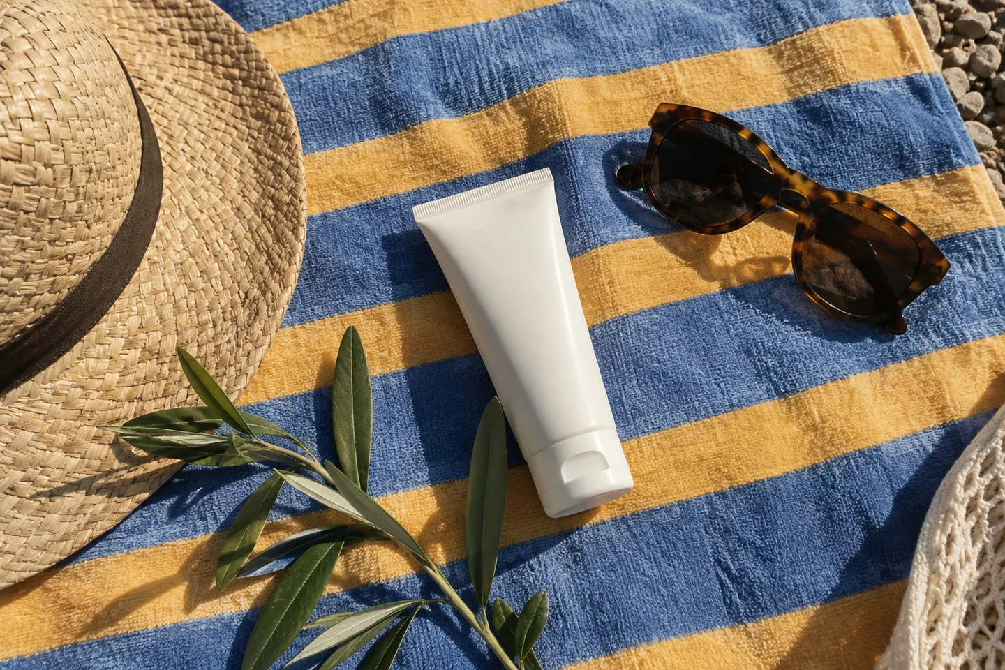 Chapeau, lunettes et tube de protection solaire neutre prêts pour une sortie en plein air