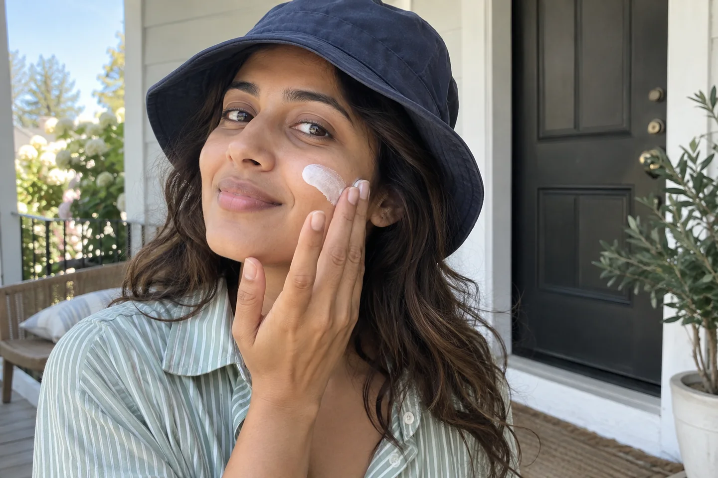 Application de protection solaire sur le visage avant le maquillage