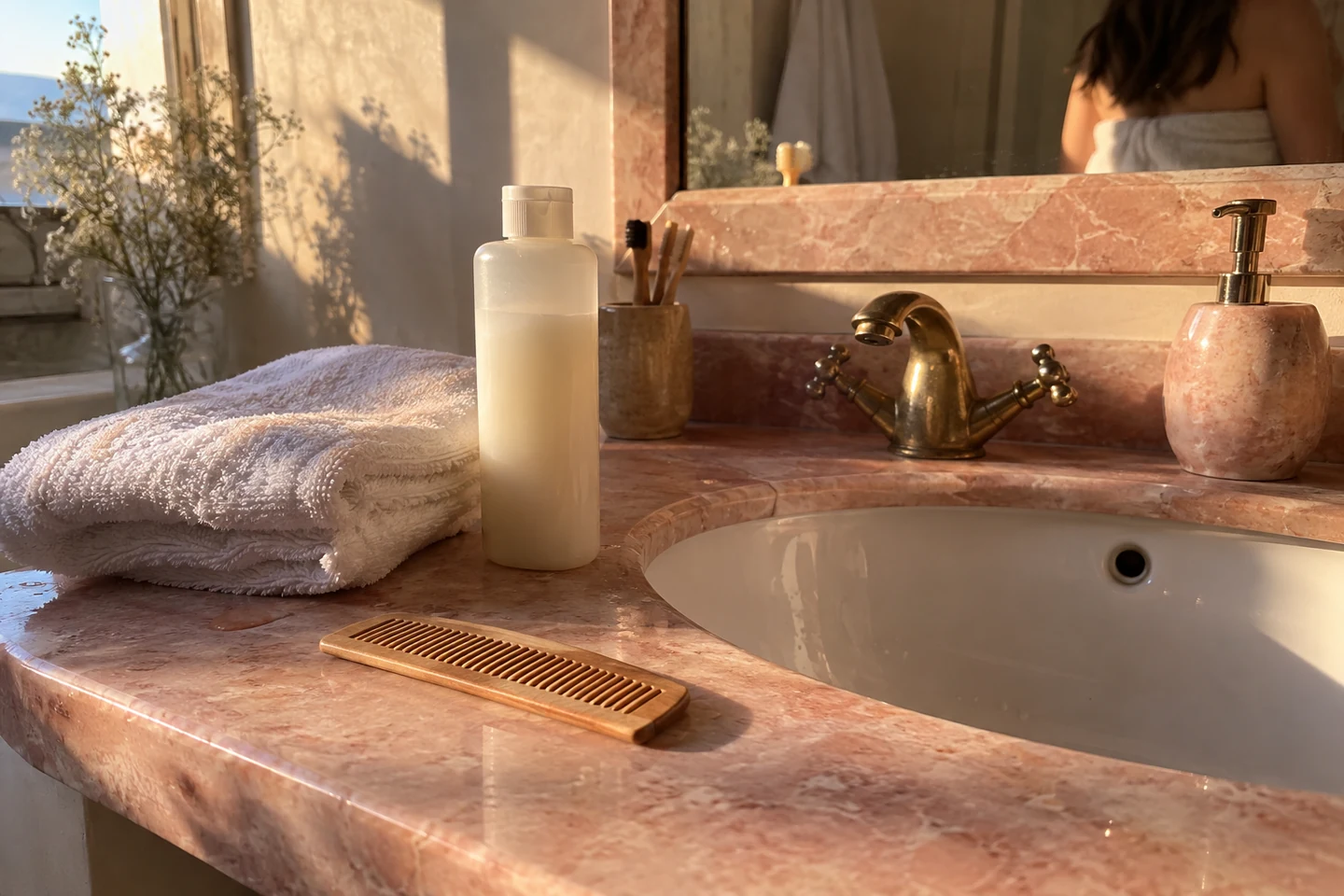 Shampooing, peigne et serviette près du lavabo