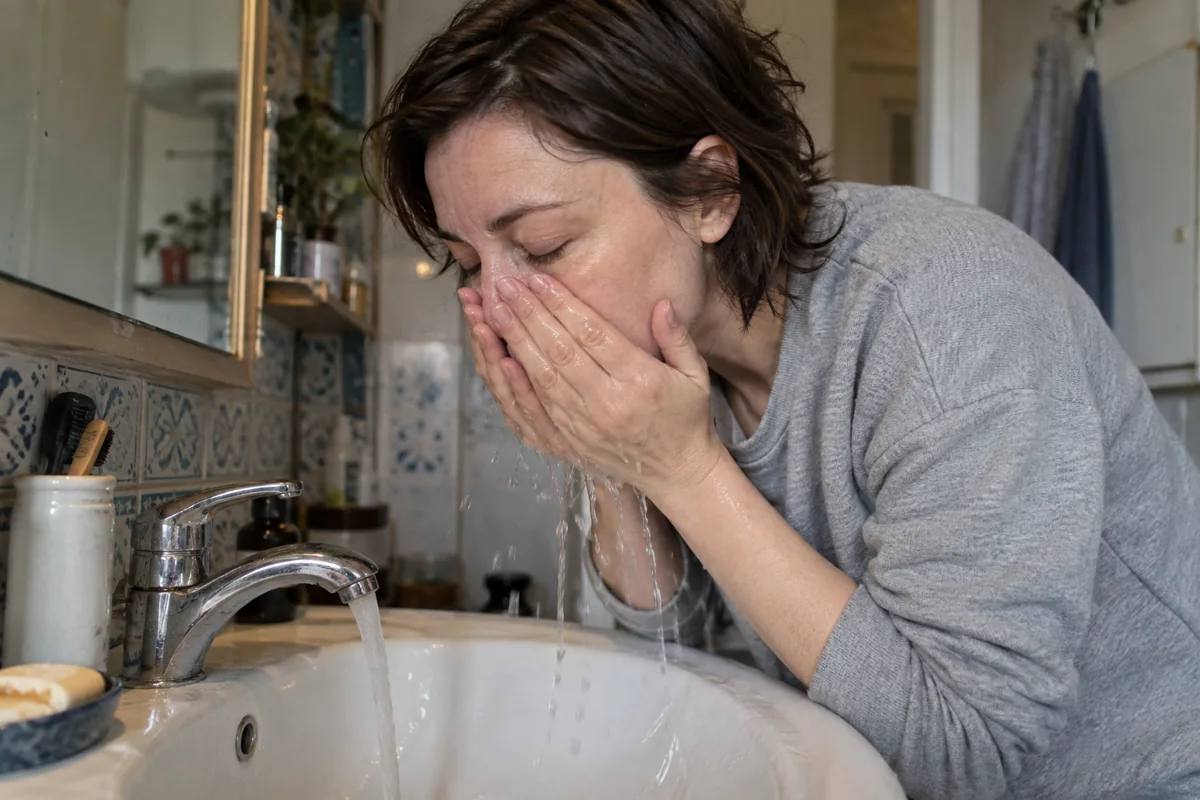 Une femme rince doucement son visage au lavabo