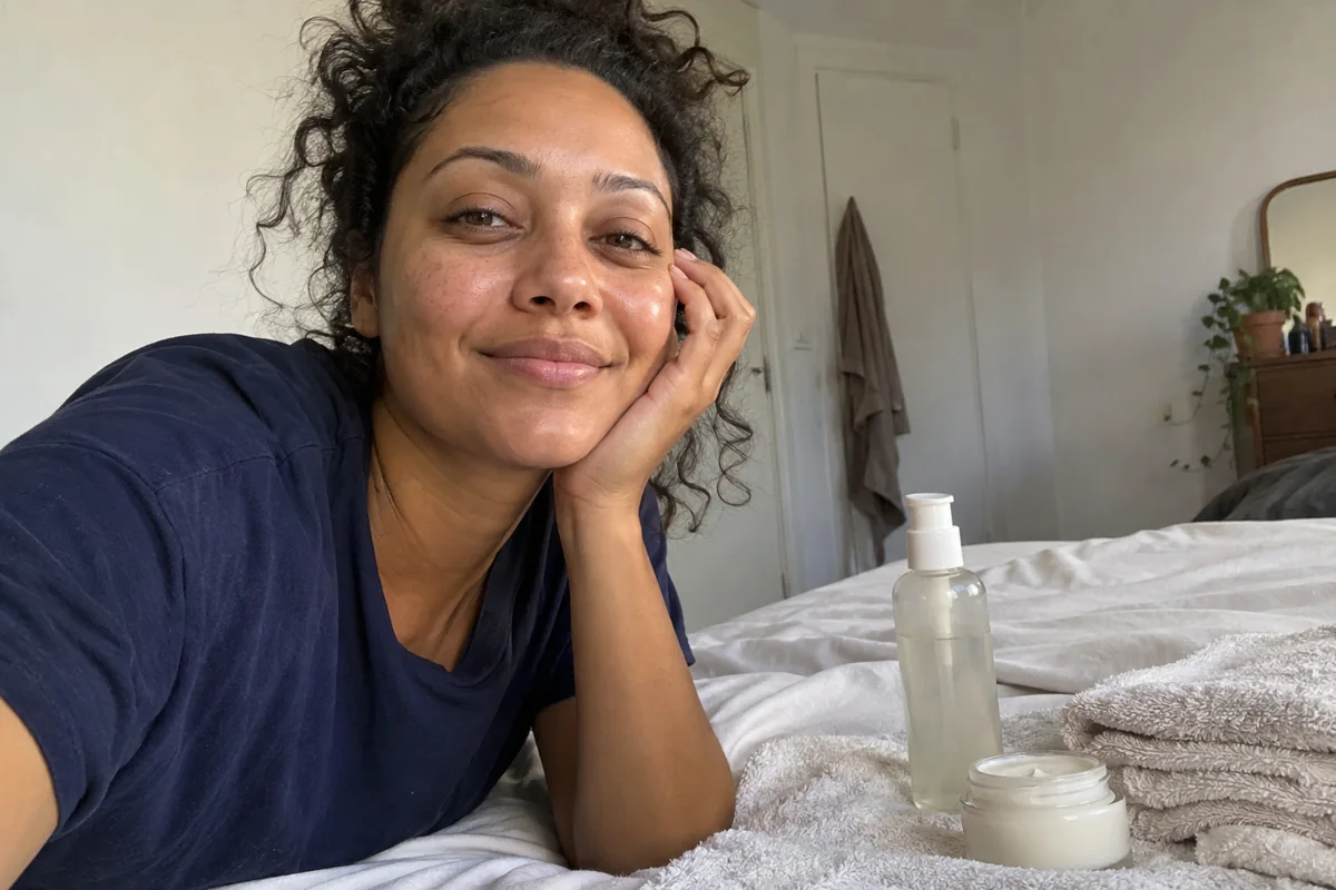 Des soins et une serviette prêts après le démaquillage