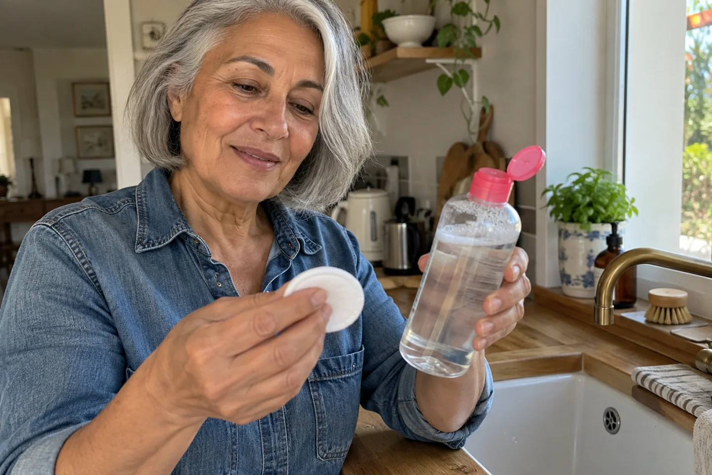 Une femme prépare un disque et un flacon d’eau micellaire