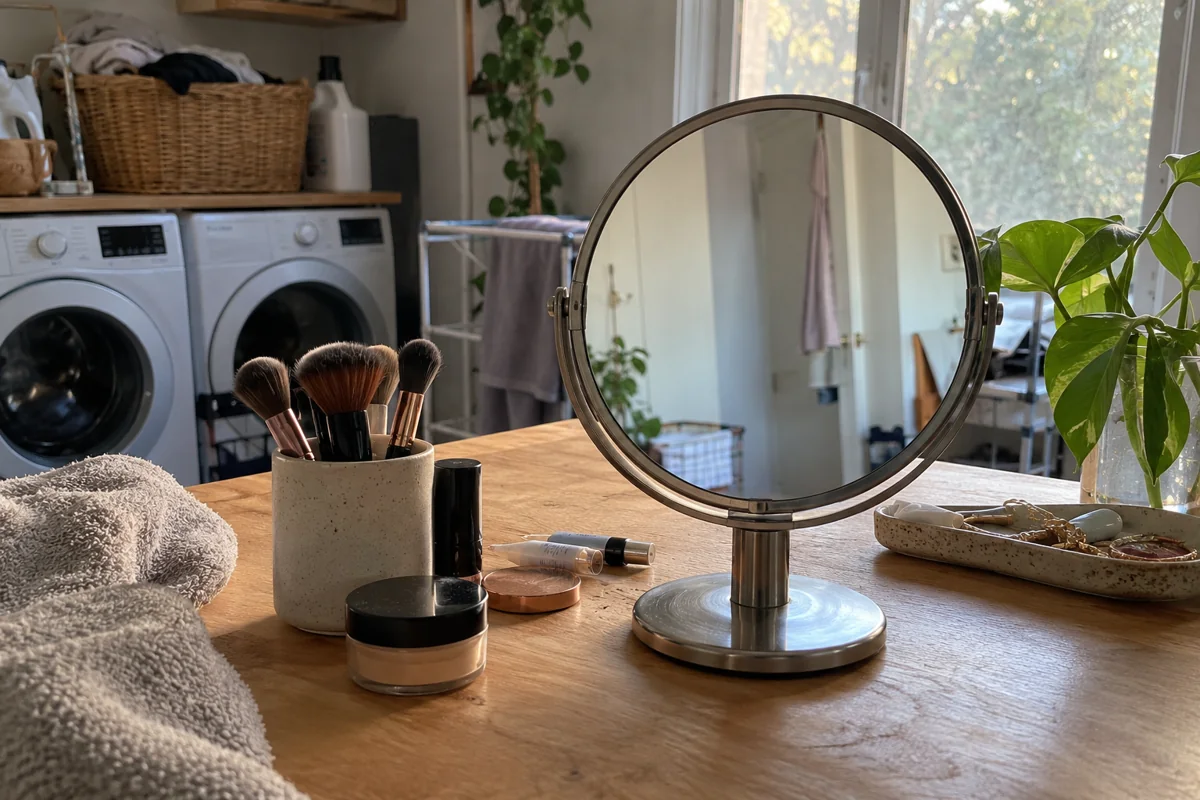 Un miroir mobile et des pinceaux sur une table éclairée