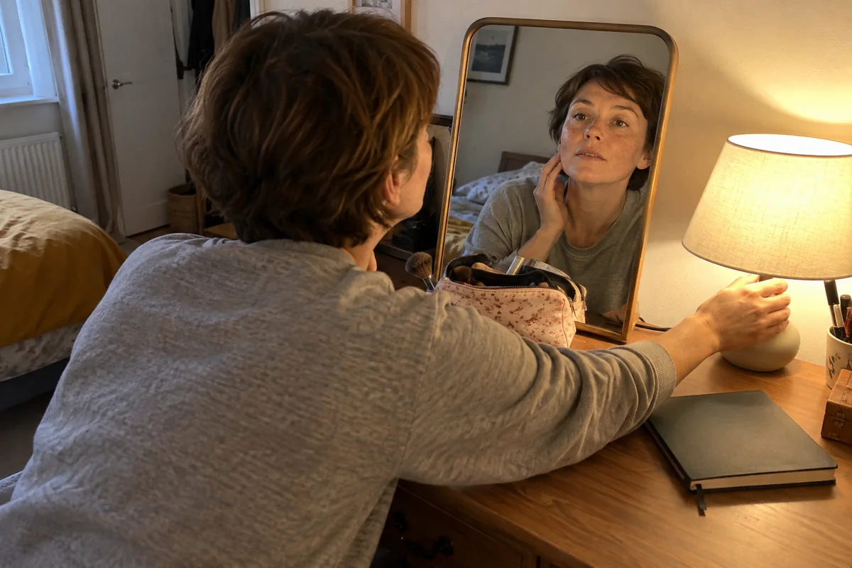 Une femme règle une lampe sur un bureau sec dans sa chambre