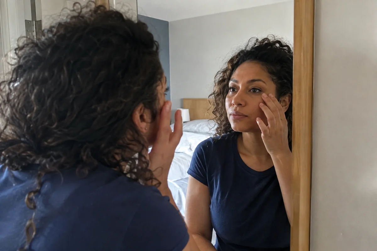 Une femme vérifie son maquillage dans un miroir mural