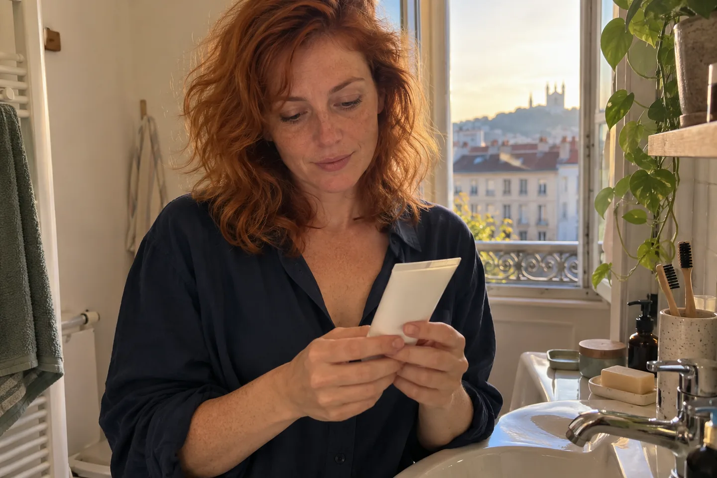 Femme aux cheveux roux préparant son nettoyage du soir près du lavabo