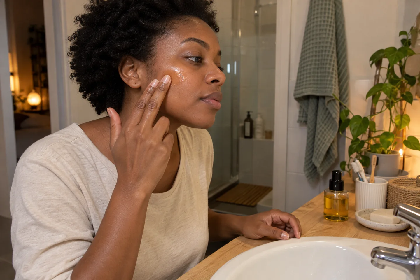 Femme aux cheveux bouclés répartissant doucement un nettoyant sur sa joue