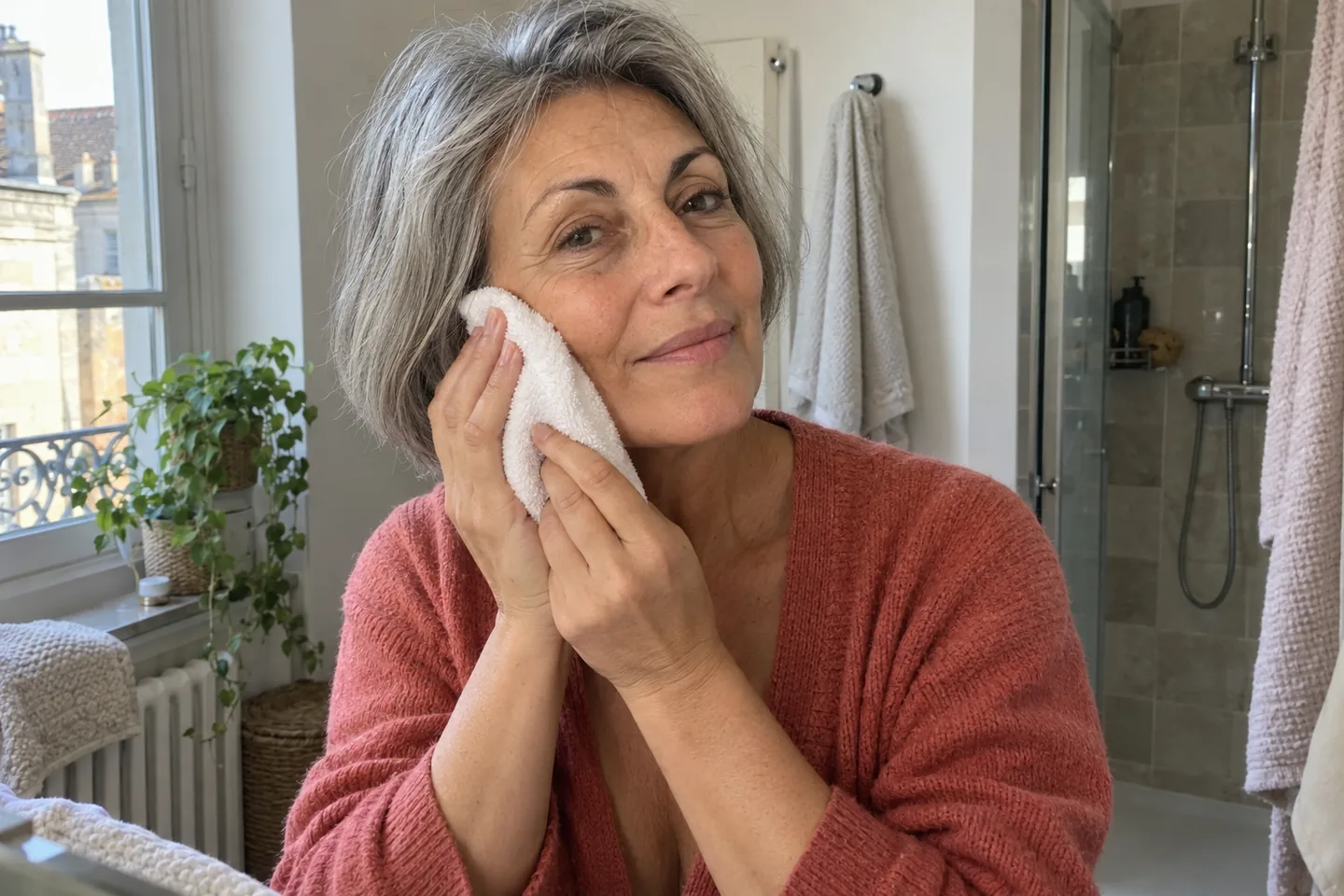 Femme aux cheveux gris tamponnant sa joue avec une serviette propre