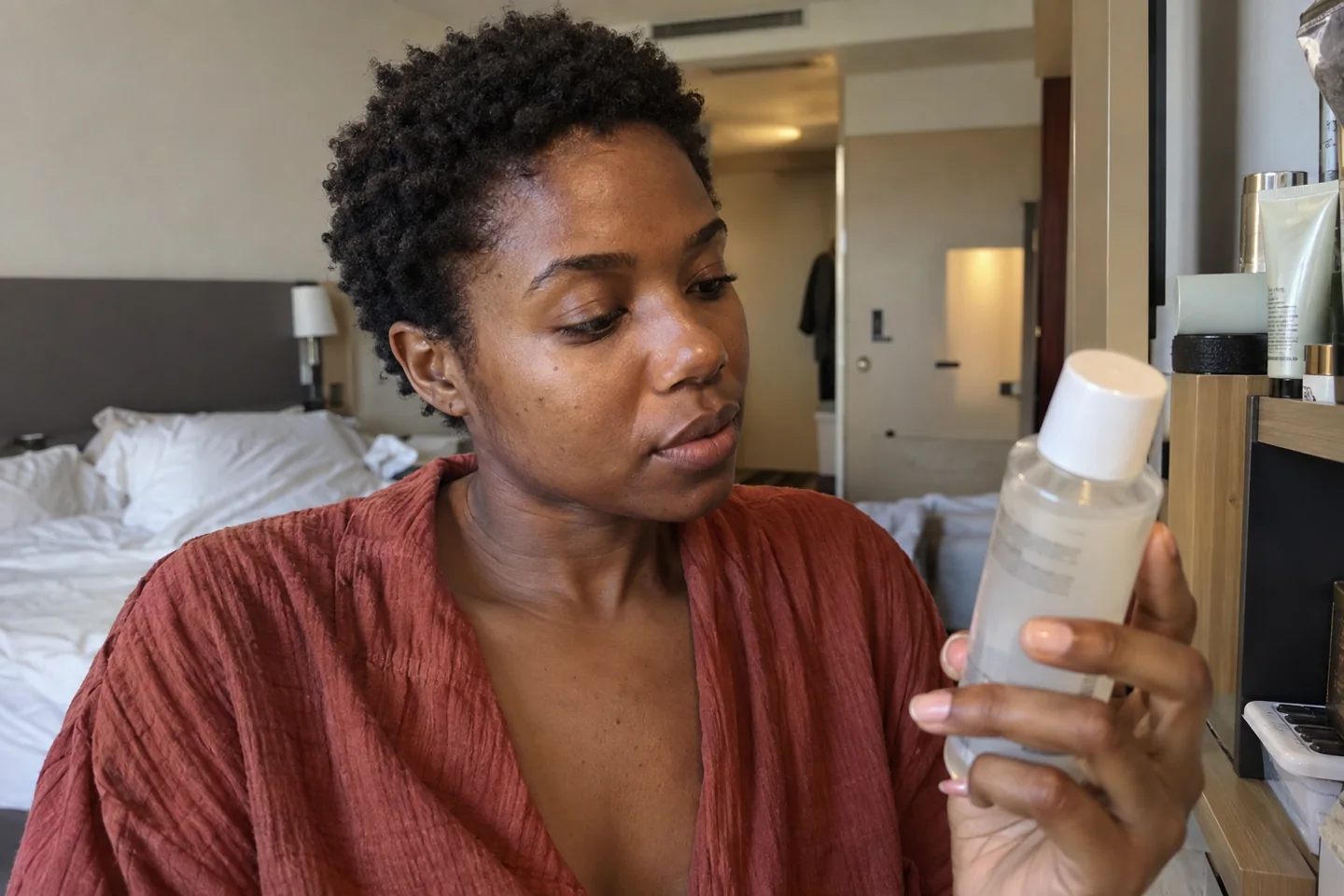 Une femme lit l’étiquette d’un produit de soin