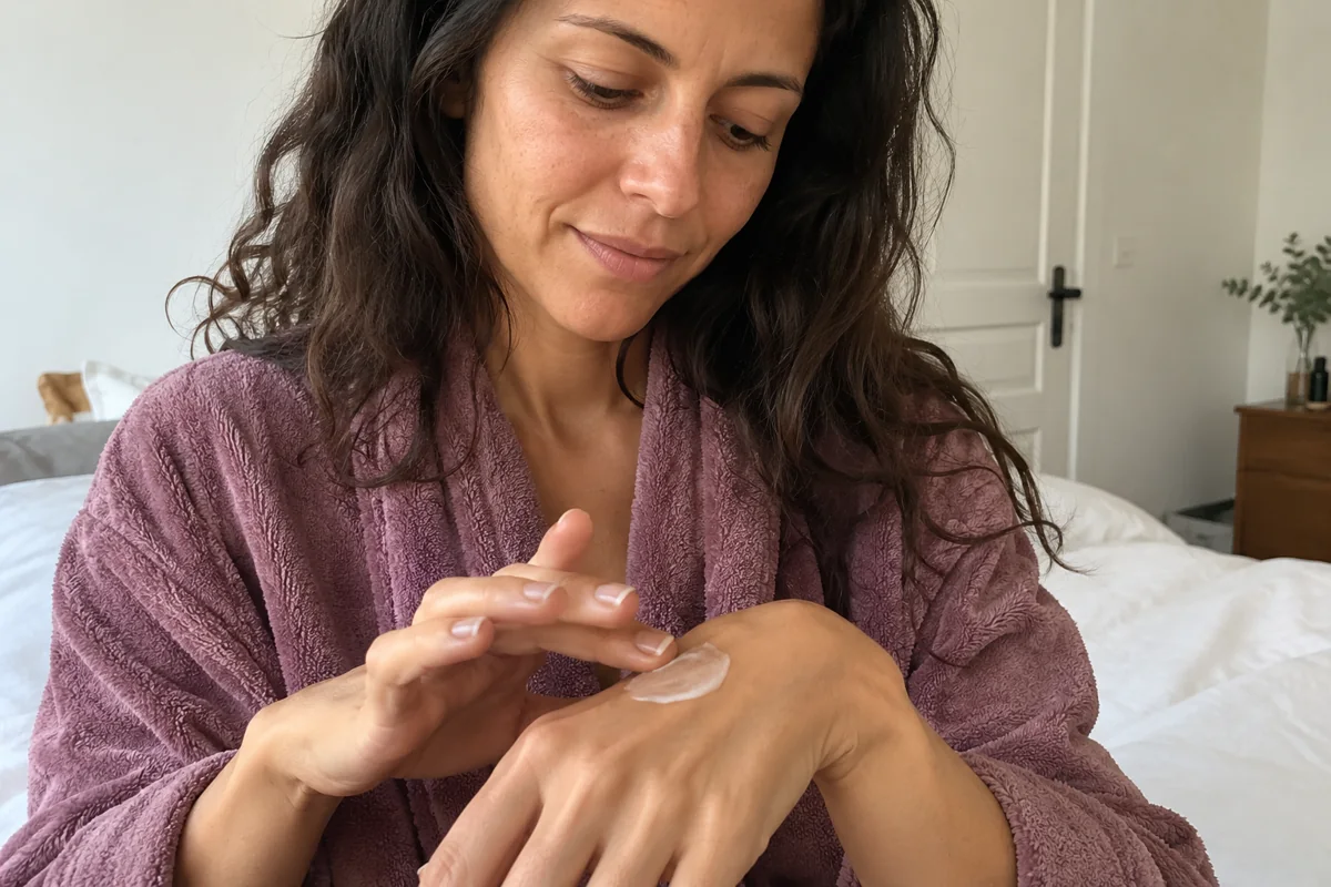 Une femme examine une petite quantité de soin sur la main