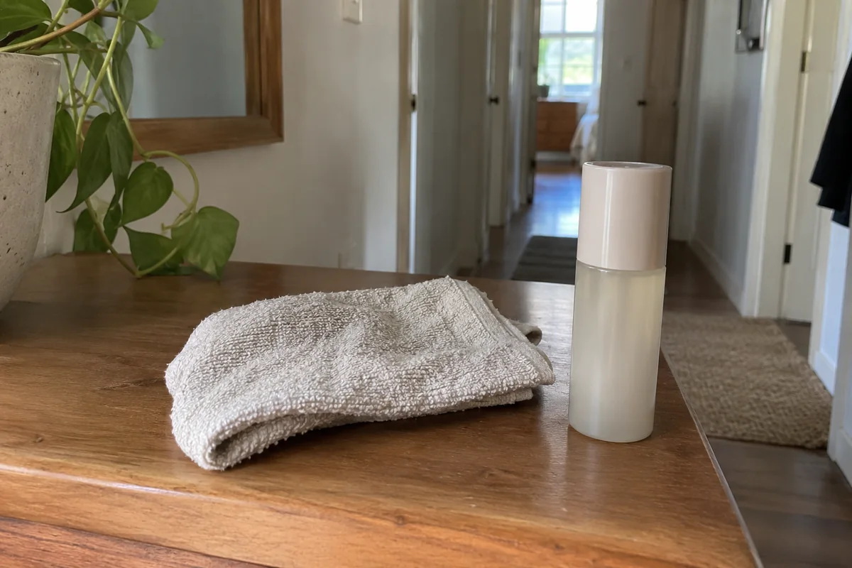Un flacon et un tissu doux préparés sur une table