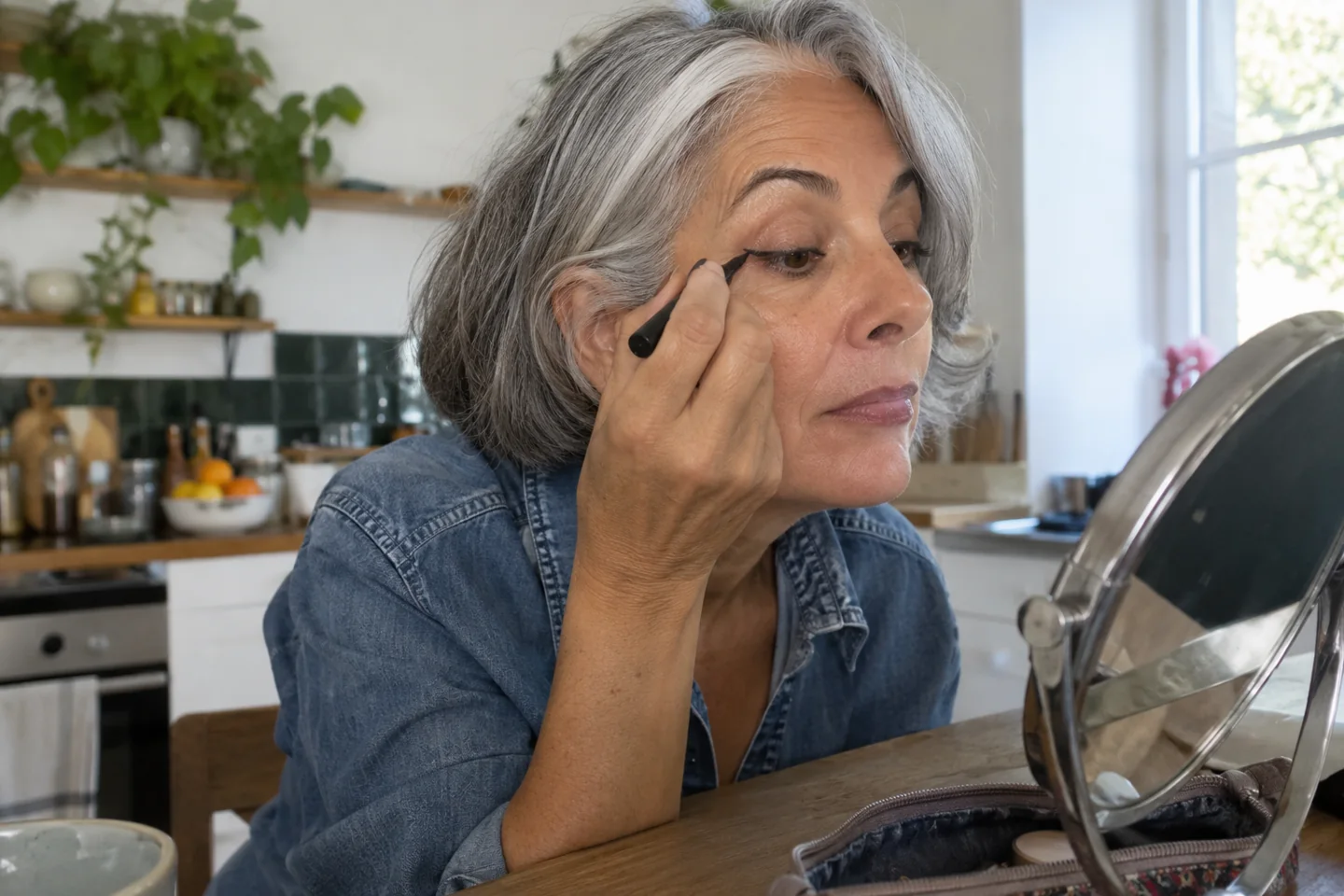 Une femme trace une ligne courte d’eyeliner devant son miroir