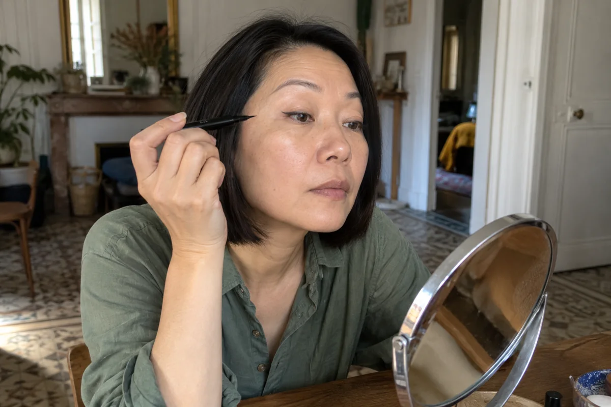 Une femme stabilise son coude avant de tracer l’eyeliner