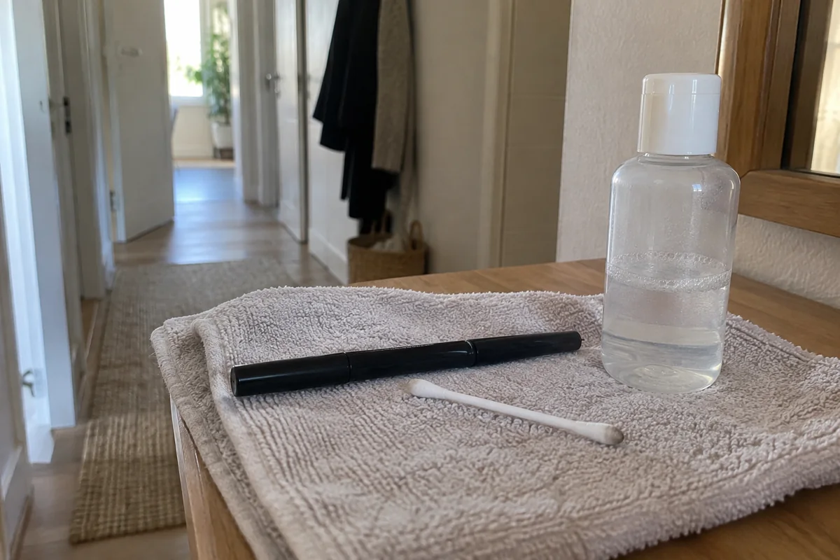 Un eyeliner fermé et un support de démaquillage sur une serviette
